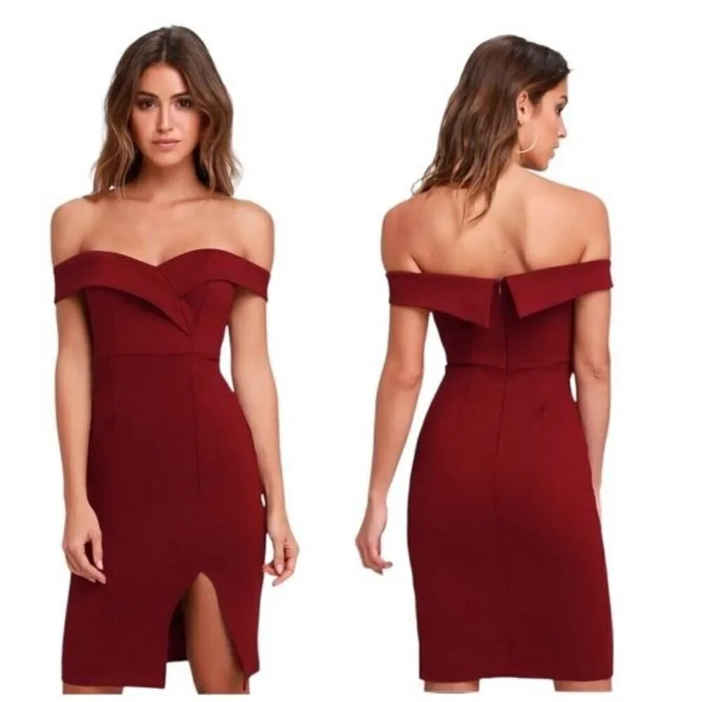 Lulu’s Classic Glam Burgundy Off-the-Shoulder Bodycon Dress Size Small